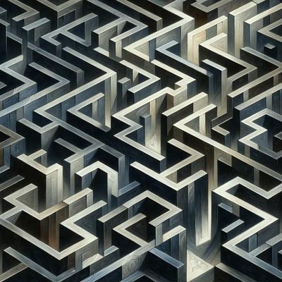 The primary subject of the image is a maze, which is a complex pattern of interconnecting lines or passages. The setting is a black and white background, which adds a sense of depth and contrast to the maze. The visual style is a detailed drawing or illustration, showcasing the intricate design of the maze. The colors and mood of the image are predominantly black and white, giving it a classic and timeless appearance.